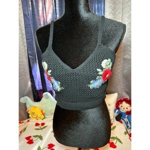 American Eagle Knitted Crop Top  Black Embroidered Flowers Y2K Festival Summer